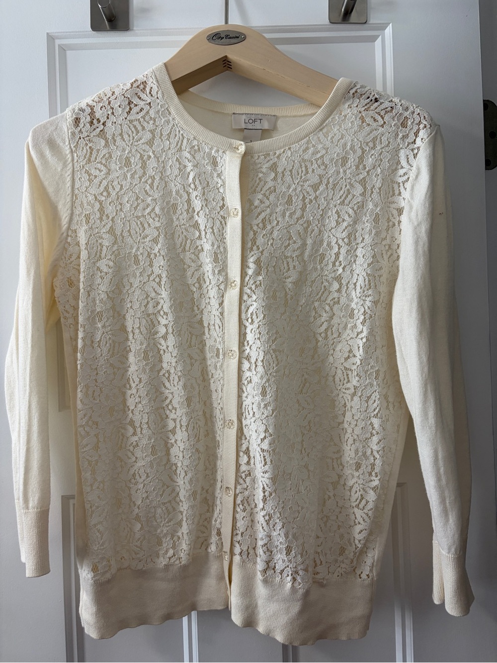 LOFT Women's Cream Lace Front Button Cardigan 100% Cotton